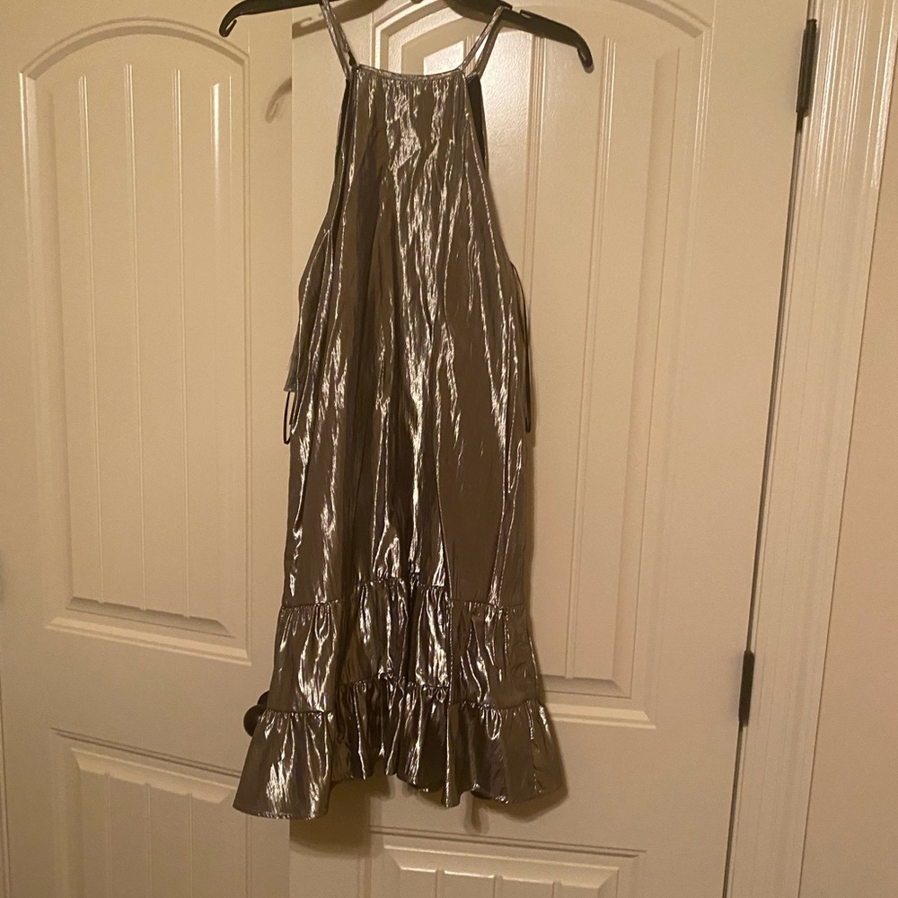 CeCe Gold dress with double ruffle pleated bottom.